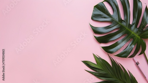 Exotic tropical monstera palm leaf and home office stationery on pale pink background Flat lay top view minimal workspace : Generative AI