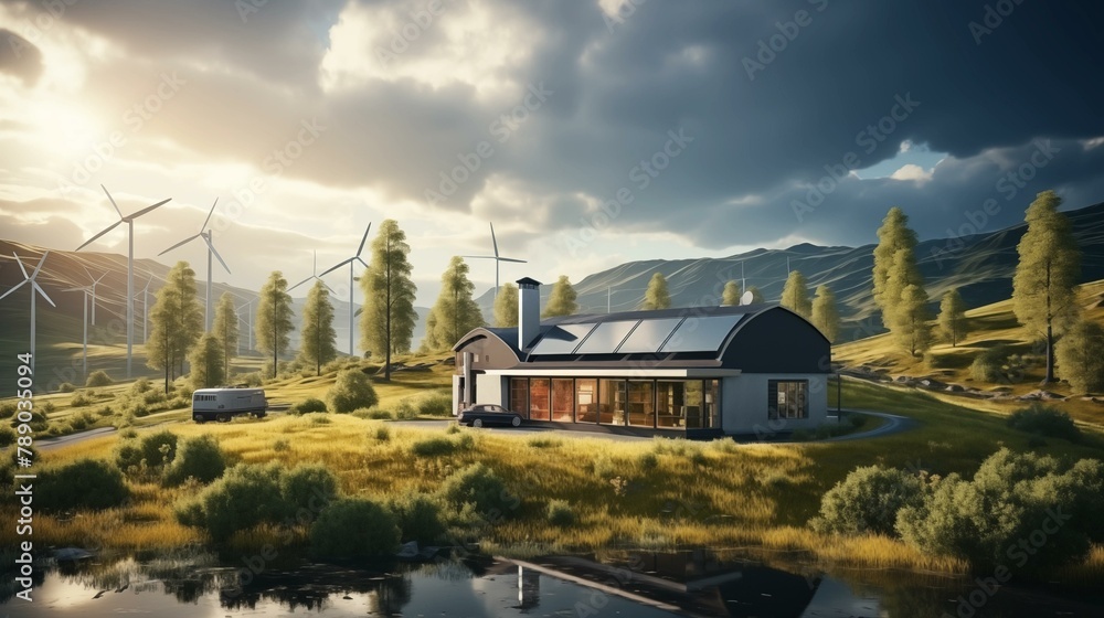 Obraz premium Advanced battery energy storage system with wind turbines and solar panels. green energy concept 