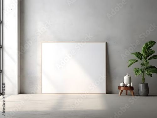Empty wooden picture frame or mock-up frame by a window with natural sunlight and with lively plants in small vases on the floor.