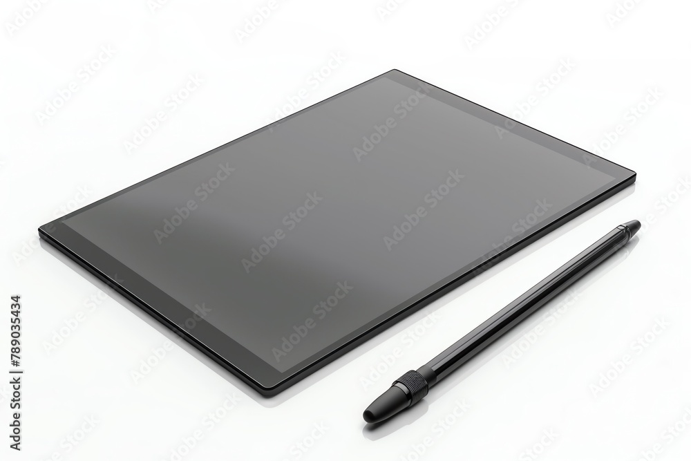 Realistic 3D rendering of a professional graphic tablet with stylus, perfect for designers, on a white background Realistic 3D rendering of a professional graphic tablet with stylus, perfect for designers, on a white background