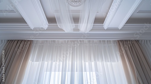 Ceiling cornice with drapes white curtain or tulle Interior details close up White ceiling plastic ceiling cornice with two rails brown matting fabric curtains and transparent curtains : Generative AI photo