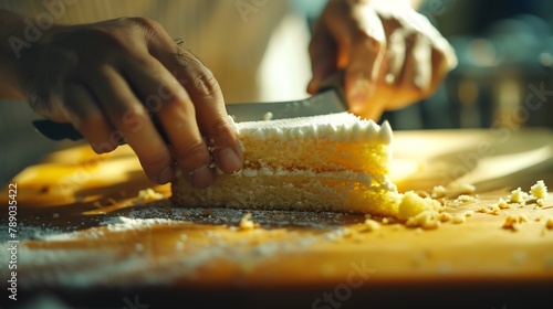 closeup of male hands in kitchen at home cutting sponge cake on cutting board with large steel knife cutting portions to eat : Generative AI photo