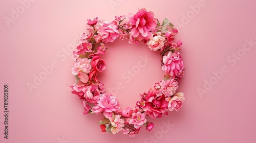 Flowers composition Wreath made of pink flowers on pink background Flat lay top view copy space : Generative AI