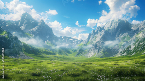 a green grassy valley with large mountains in the background. fantasy landscape  concept art  blue sky  white clouds