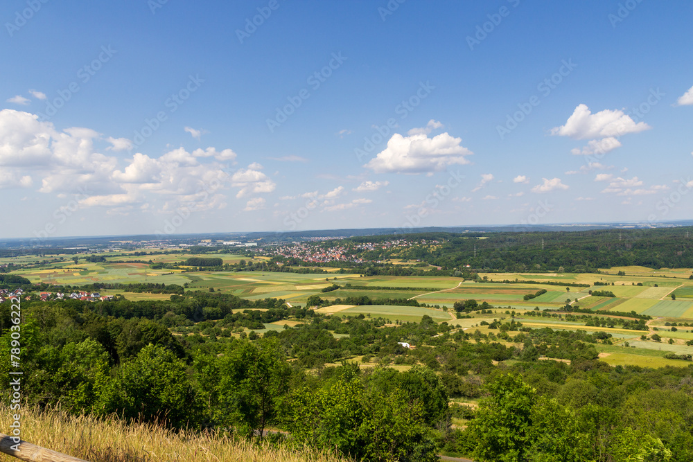 Naklejka premium Panorama of hills and town Forchheim seen from mountain Walberla in Franconian Switzerland, Germany