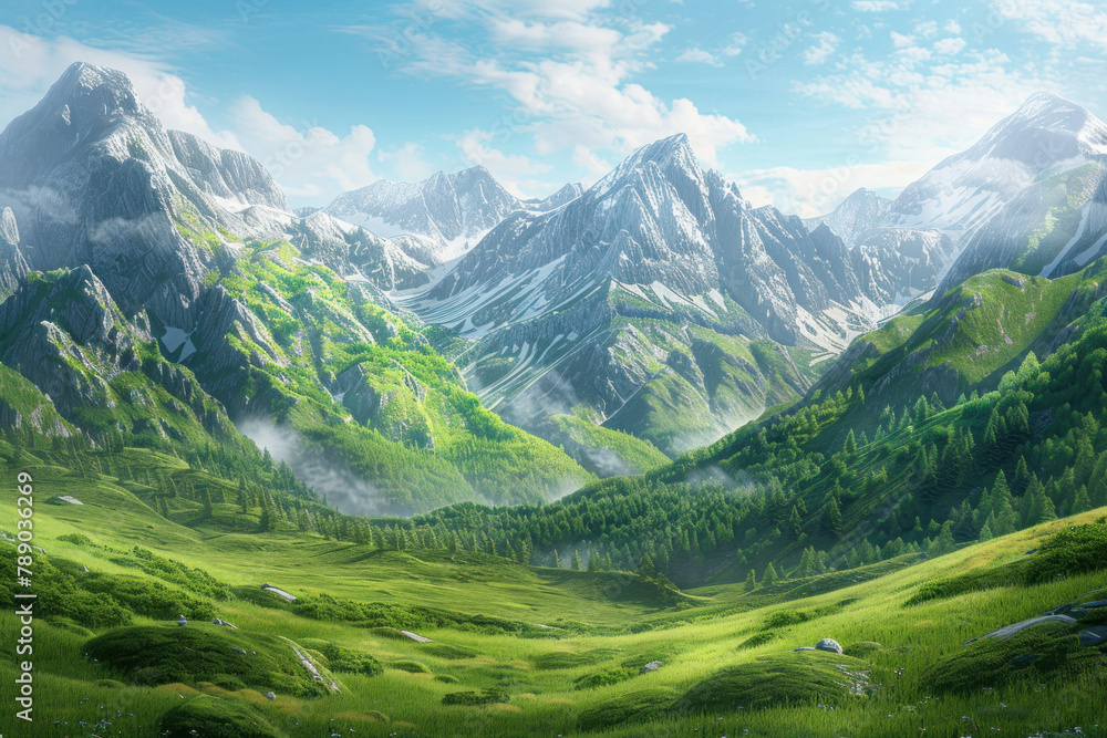 a green grassy valley with large mountains in the background. fantasy landscape, concept art, blue sky, white clouds