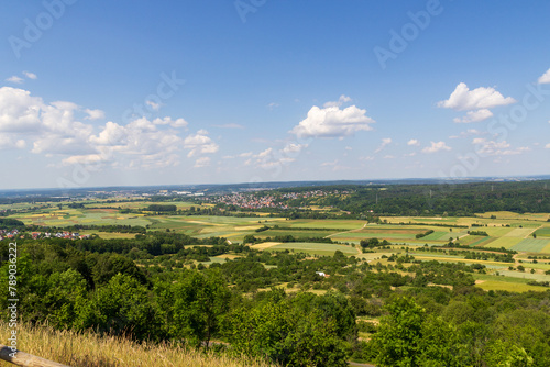 Panorama of hills and town Forchheim seen from mountain Walberla in Franconian Switzerland, Germany