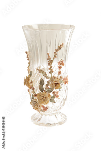 Glass vase with floral design in acrylic decoration.
