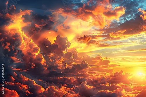 Magical sunset with fiery clouds and skies .