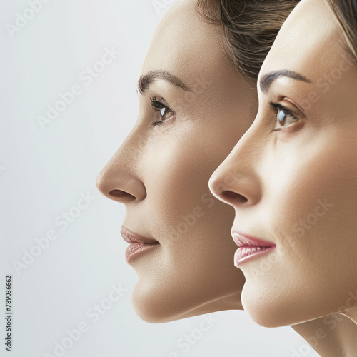 Beautiful woman in different ages standing next to each other. Skin care, cosmetics advertisement. Different skin types, skin close up. Woman faces in profile.