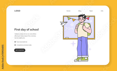 First day of school web banner or landing page. Boy with backpack standing