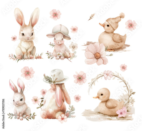Easter set with cute ducklings, flowers and Easter eggs. Vector watercolor illustration of gentle Easter bunnies
