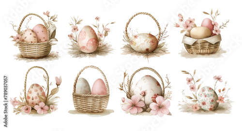 Easter eggs in a easter basket decorated with a bow, with shadow and reflection, easter basket vector design © Katisko
