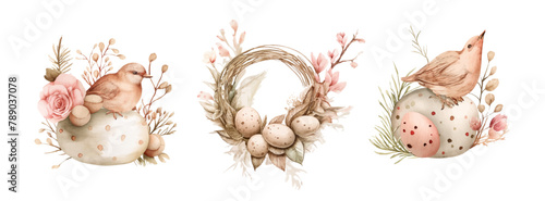 Easter wreath with easter eggs hand drawn black on white background. Decorative doodle frame from Easter eggs and floral elements.
