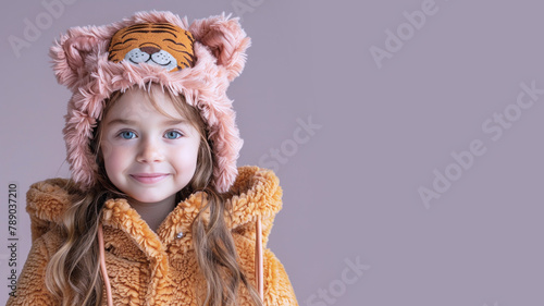A cute smiling girl wears a pink fluffy animal hoodie hat isolated