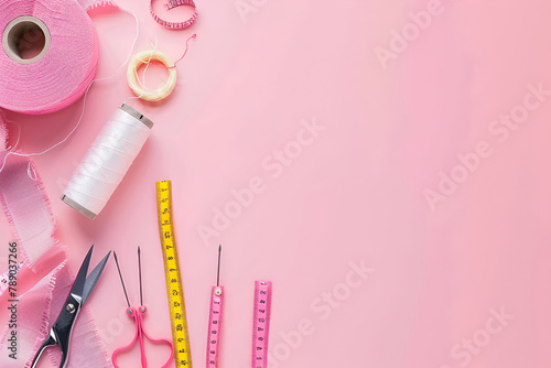 tools on a pink background, Sewing accessories on a pink background with needles, spool of thread, scissors and a tape measure.