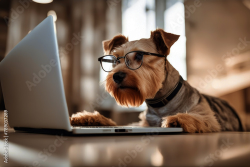 Light terrier looking brown laptop glasses keyboard dog ear fur computer tan secretary high key reading type work photo