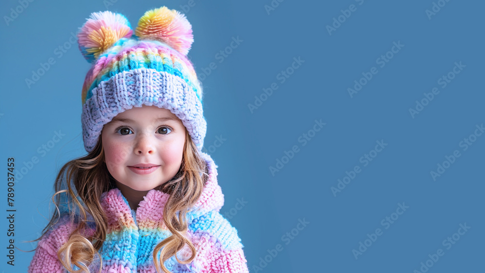 A cute smiling girl wears a rainbow fluffy knitted hoodie hat isolated
