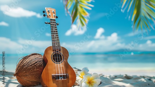Fototapeta Naklejka Na Ścianę i Meble -  Summer Travel with Guitar ukulele with coconut juice for relax on the beautiful beach and blue sky background