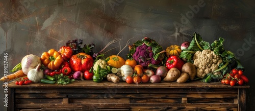 Vegetables displayed on a wooden table. photo