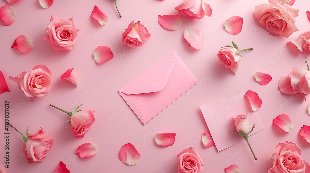 Flowers composition romantic Pink envelopes and flowers roses rose petals on pastel pink background Flat lay top view copy space : Generative AI Flowers composition romantic Pink envelopes and flowers roses rose petals on pastel pink background Flat lay top view copy space : Generative AI