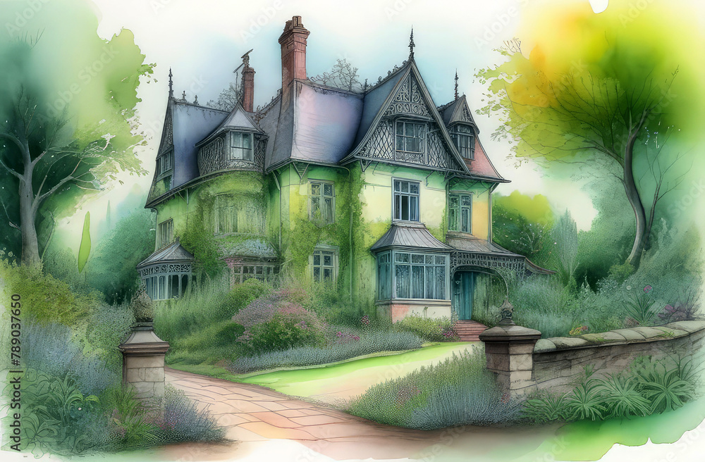 Naklejka premium watercolor postcard with an old mansion, a beautiful private rural house without people