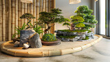 A Japanese-inspired Zen desk made from bamboo and rice paper, featuring bonsai trees and a tranquil rock garden, promoting a sense of calm and balance