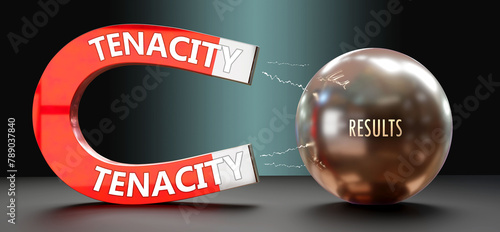 Tenacity attracts Results. A metaphor showing tenacity as a big magnet attracting results. Analogy to demonstrate the importance and strength of tenacity. ,3d illustration