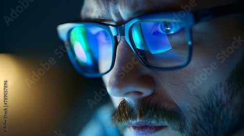 Close up view of focused businessman wears computer glasses for reducing eye strain blurred vision looking at pc screen with computer reflection using internet reading watching working : Generative AI