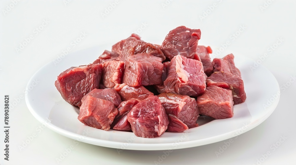 The beef is cut into cubes and placed on a white plate isolated on white : Generative AI