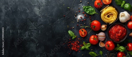 Image of spaghetti in tomato sauce with cooking ingredients on a dark background, seen from above with space for text. photo
