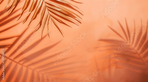 Orange and beige summer color background with tropical palm shadow Two trend pastel paper and exotic plant shade layout Minimal flat lay with leaf silhouette overlay : Generative AI