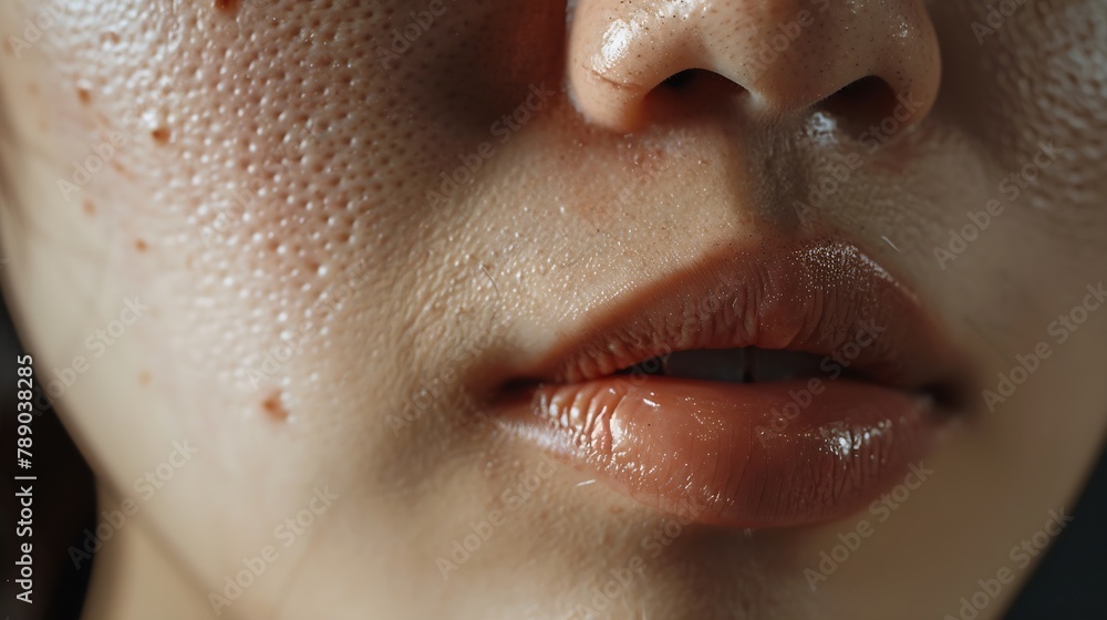 Fototapeta premium close up the flabbiness and wrinkle beside the mouth Flabby skin dark spots and rough skin blemish the mouth dry skin freckles and pore on the face of the woman health care and beauty : Generative AI