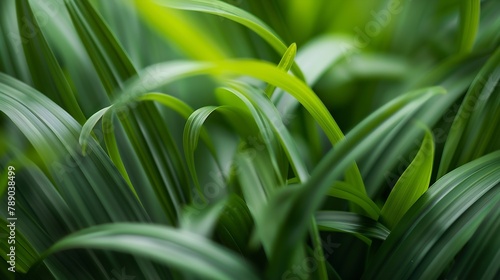 Green tropical plant closeup Abstract natural floral background Selective focus macro Flowing lines of leaves : Generative AI