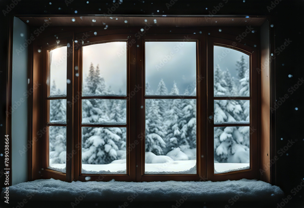 Fototapeta premium window winter air day frame fresh forest glasses home house interior closed outside painted season tree view snow snowy covered white wild wooden cold seasonal glac