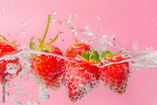 Fresh strawberries falling on water surface, pastel pink background
