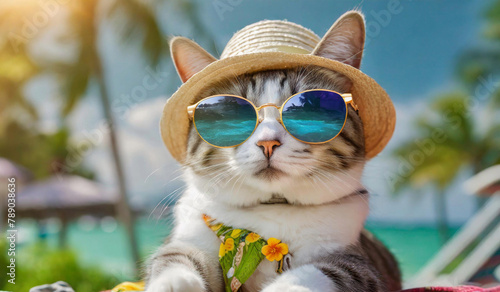 cat wearing sunglasses on the beach