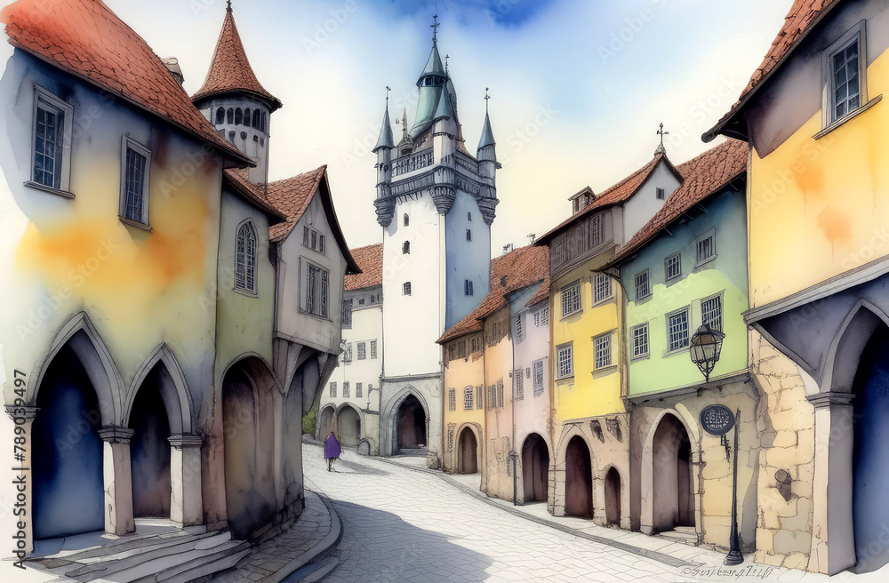 watercolor postcard with an old medieval street