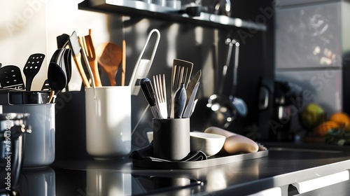Kitchen utensils decor and kitchenware in the modern kitchen interior closeup : Generative AI