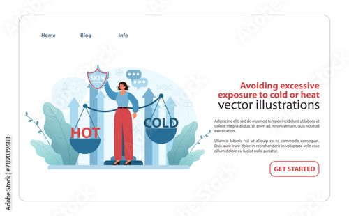 Avoiding excessive exposure to cold or heat. Illustration emphasizes careful climate management.