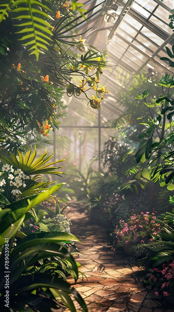 A greenhouse cultivating exotic alien plants alongside Earth flowers