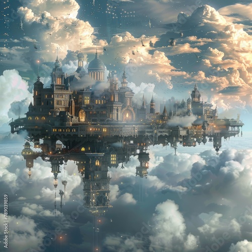 A floating cloud city powered by steampunk technology photo