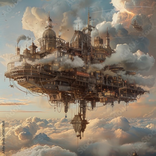 A floating cloud city powered by steampunk technology