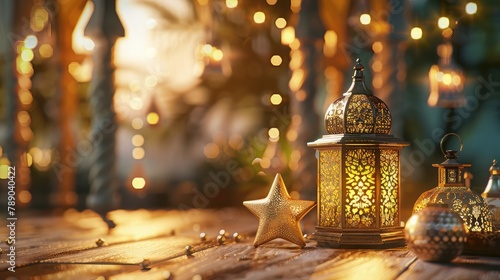 Islamic ramadan greeting background with 3d traditional drum, star, arabic lanterns, and mosque ornament, © Khalif
