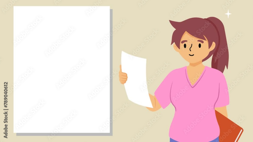 Young girl character speaking for presentation, whiteboard, copy space for text. 4K video Footage with Young girl and whiteboard. Female or woman hold book and paper and speaks for presentation Young girl character speaking for presentation, whiteboard, copy space for text. 4K video Footage with Young girl and whiteboard. Female or woman hold book and paper and speaks for presentation