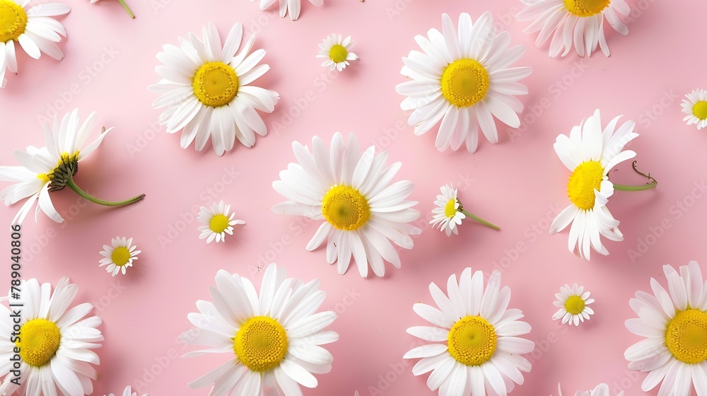Top view of daisy flowers on pink background Minimal flat lay concept Copy space : Generative AI Top view of daisy flowers on pink background Minimal flat lay concept Copy space : Generative AI