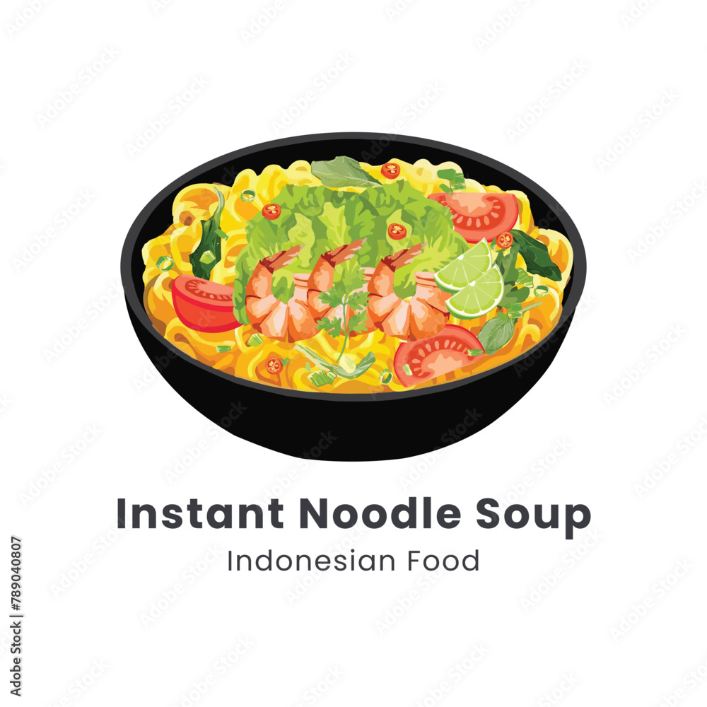 Hand drawn vector illustration of Mie Kuah or Instant noodle soup with vegetables topping and shrimps Indonesian Food Hand drawn vector illustration of Mie Kuah or Instant noodle soup with vegetables topping and shrimps Indonesian Food