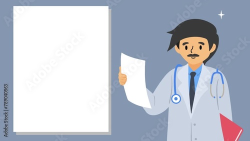 Doctor character speaking for presentation, whiteboard, copy space for text. 4K video Footage with Doctor and whiteboard. Male or man hold book and paper and speaks for presentation photo