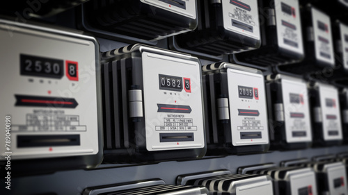 Rows of electricity meters on the wall. 3D illustration photo