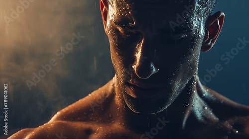 Portrait of a sweaty and muscular man breathing hard on the hard work just finished Concept of breathing workout gym and workout and fatigue : Generative AI photo